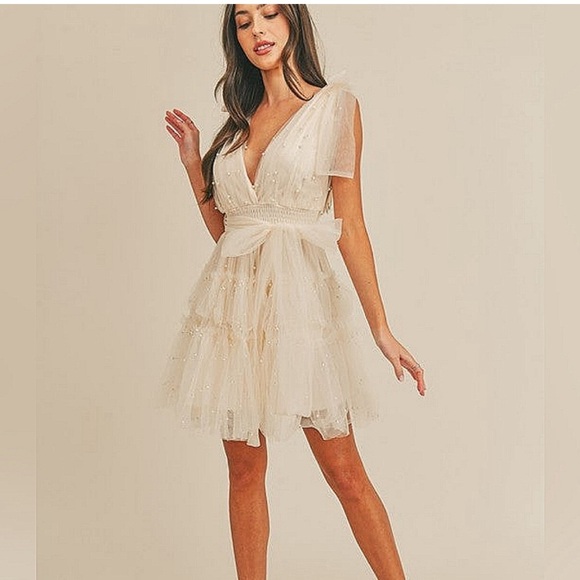 Cream Fit and Flare Mini Dress with Flutter Sleeves - Picture 1 of 9
